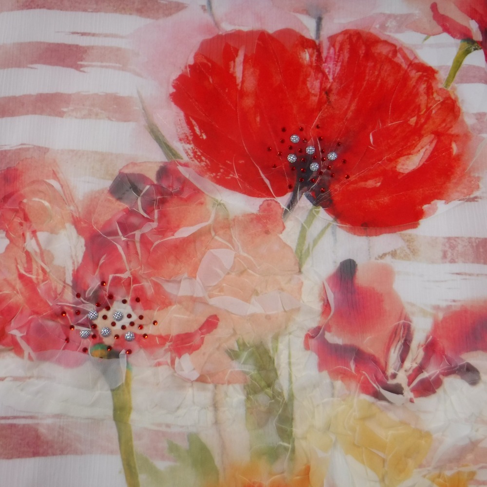 A~rtw Women XL White‎ Red Floral Poppy Stripe Rhinestone 3/4 Sleeve Blouse Top - Picture 3 of 12